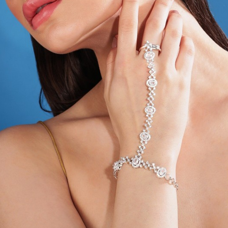 Silver Plated Cubic Zirconia Studde Ring Bracelet